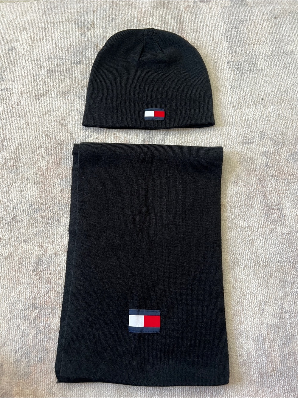 Tommy Hilfiger Black Knit Beanie and Scarf Set with Flag Patch